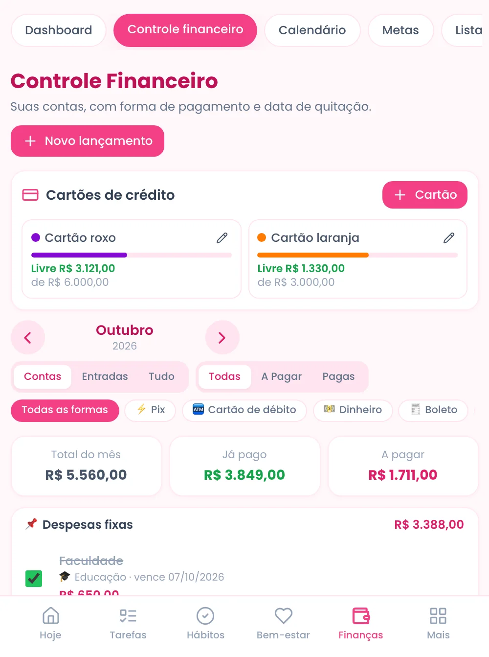 Painel de Finanças no tablet
