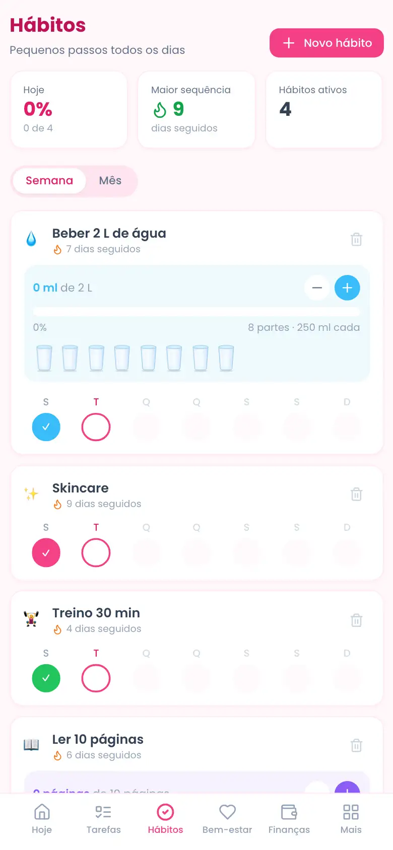 Tela de Hábitos no celular